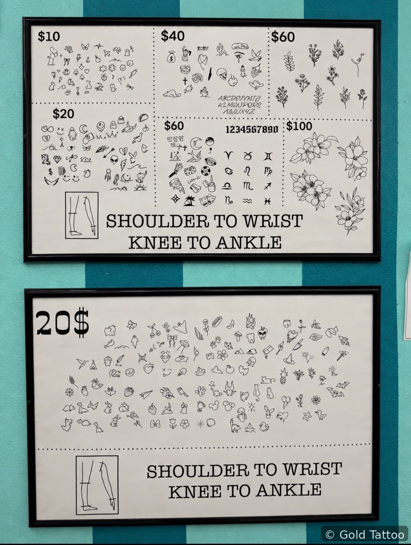 Gold Tattoo Vegas tattoo wall, $10 tattoos